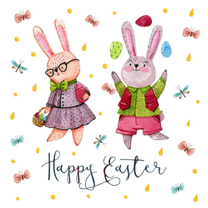 复活节卡片。 水彩手绘明信片与几只兔子。 男孩和女孩拿着鸡蛋在白色的背景上，蝴蝶和金滴。