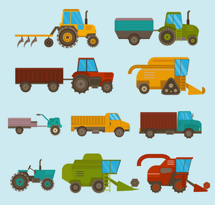 不同类型的矢量农用车和收割机机, 联合收割机和挖掘机。图标集农用收割机机, 配有犁, 割草, 种植和收割的配件