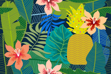 五颜六色的热带背景与龟背竹, 棕榈和香蕉叶子和花