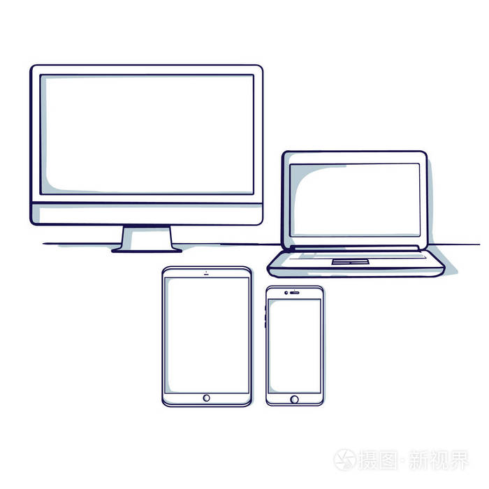 一套不同的计算机和移动设备:台式平板笔记本电脑手机. 孤立的物体.