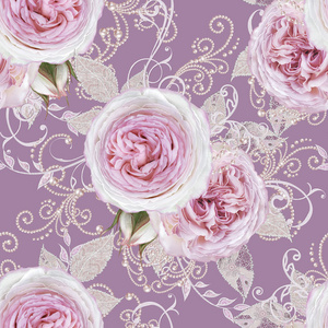 无缝模式。装饰装饰, 佩斯利元素, 精致的质感银叶制成的薄花边和珍珠, 螺纹的珠子, 芽粉彩粉红色的玫瑰。镂空织造精致
