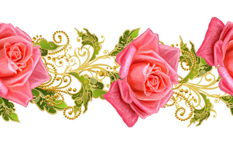 无缝模式。金色质感的卷发。灿烂的花边, 风格化的花朵, 红玫瑰。镂空编织细腻, 金色背景, 佩斯利