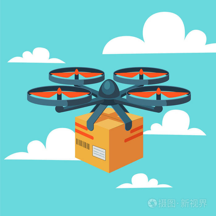 带包裹的遥控空中无人机.现代交付的包裹由飞行 quadcopter.
