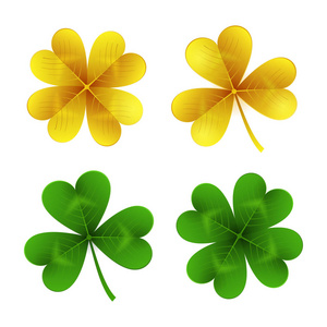 金色和绿色三叶草叶子被隔绝在白色背景. 圣帕特里克节三叶草和四叶传统爱尔兰象征运气, 财富和庆祝。矢量插图