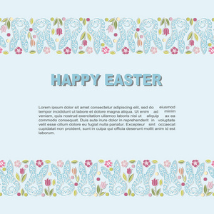 模板与兔头和鲜花为复活节快乐聚会邀请贺卡网上明信片女孩或男孩生日婴儿淋浴宠物店。 矢量图。