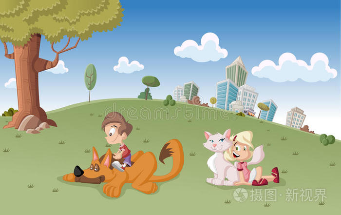 城市公园里养狗养猫的男孩和女孩