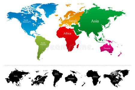 彩色大陆地图矢量世界图