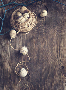 用鹌鹑蛋和树枝在木板上装饰复活节