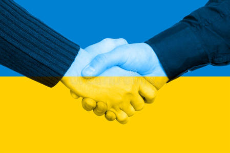 握手与乌克兰国旗