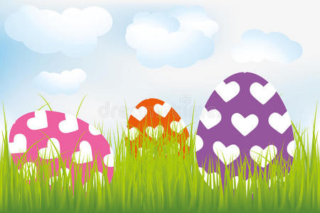 复活节背景，草地上有心形彩蛋