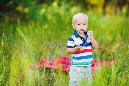 夏日草地上微笑的小男孩