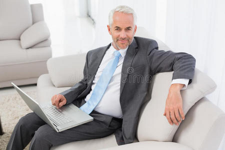 在家沙发上使用笔记本电脑的商人