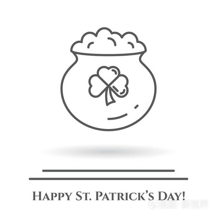 圣帕特里克节主题黑色和白色横幅。金和三叶草叶的锅。爱尔兰假日相关的象形图。行了。简单的剪影。可编辑笔画。矢量插图