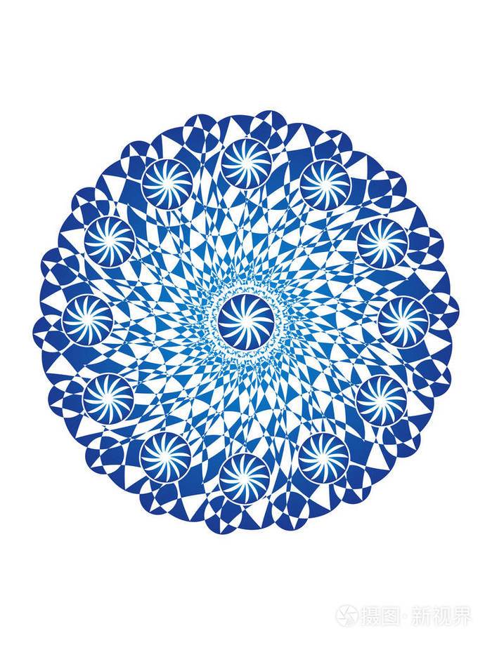 白色背景上的蓝色曼陀罗艺术背景旋转的物体矢量图形艺术