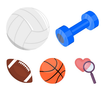 蓝色的哑铃，相间的足球，篮球，橄榄球球。体育在卡通风格矢量符号股票图 web 设置集合图标