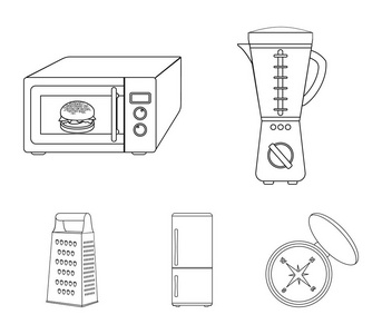 厨房设备大纲图标在集合中进行设计。厨房和配件矢量符号股票 web 插图