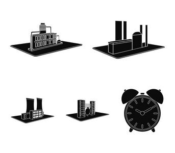 加工厂, 冶金厂。工厂和行业集合图标黑色样式等距矢量符号股票插画网站