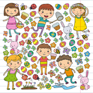 春天.复活节.小花园。孩子们玩耍。复活节蛋糕, 兔子, 兔子。男孩和女孩。幼稚园或学校春天假期。蝴蝶, 蜜蜂和花朵。矢量涂鸦图像