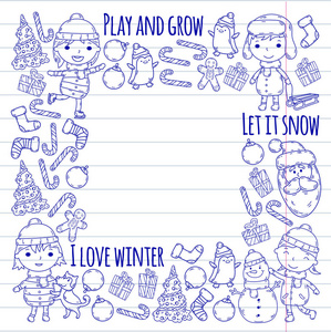 儿童和冬季游戏滑雪, 雪橇, 滑冰圣诞庆典。幼儿园的孩子玩耍, 玩得很开心。圣诞老人, 雪人, 鹿, 企鹅。儿童图画矢量涂鸦插