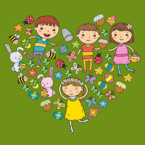 复活节蛋糕, 兔子, 兔子.男孩和女孩.幼稚园或学校春天假期.