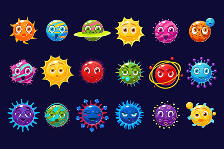 可爱的球体和行星铺石不同的情绪矢量插图, 有趣的 emoji 表情字符的