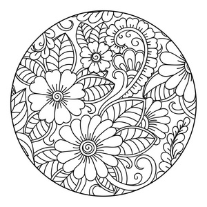 勾勒圆形花卉图案,以着色书籍页. 成人和儿童抗应激着色.
