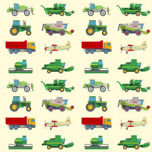 农业收获机矢量工业农用设备拖拉机运输组合与机械挖掘机无缝模式背景插图