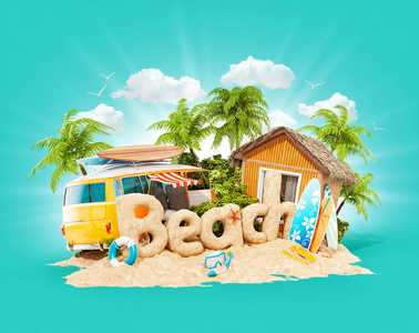 在热带岛屿上用沙子做的沙滩词。不寻常的3d 的暑假例证。旅行和度假概念