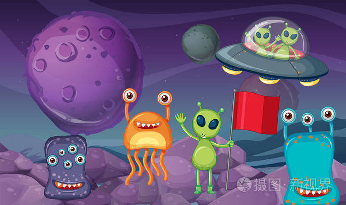 太空主题与外星人在行星上插画-正版商用图片11iw22-摄图新视界