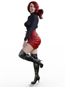 3D美女短红皮裙和长靴。黑色套头衫。明亮的妆容。女人工作室摄影。高跟鞋。概念时尚艺术。演绎坦率的姿势。真实的渲染插图