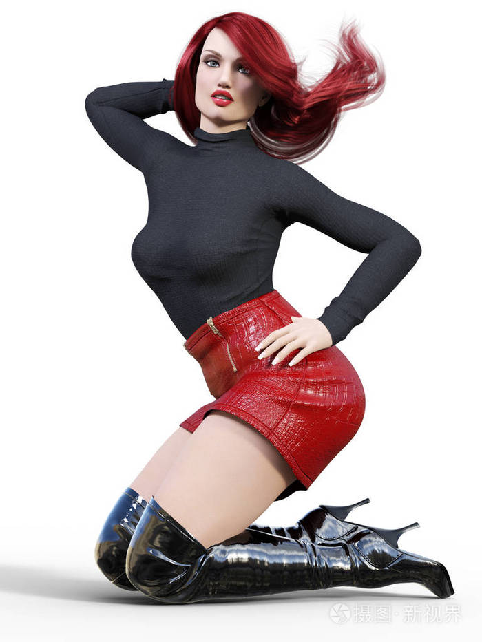 3d美女短红皮裙和长靴黑色套头衫明亮的妆容女人工作室