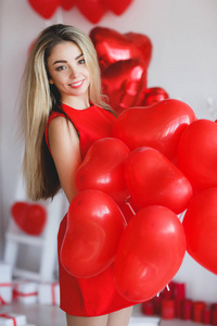 s Day Woman with red balloons. Fashion Model Girl face profile P