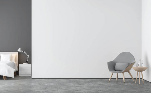 最小风格的客厅和卧室3D渲染图像。有混凝土地板白色和灰色墙。完成白色床和灰色织物躺椅。
