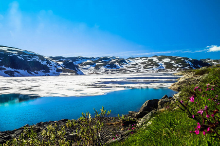 挪威山区冰雪融化的景观图片