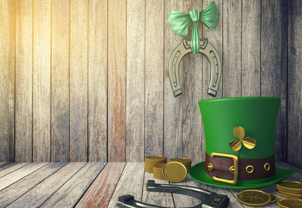 s Day Leprechaun Hat with Gold Coins and Horseshoes on Wooden Ba