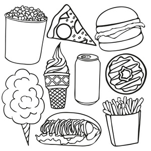 矢量手绘食品标志和插图.快餐套装.股票插画照片