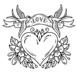 两只蓝鸟带着文字爱的丝带在心里.红色的心点缀着花朵.黑白纹身照片