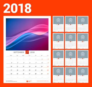 2018年的挂历模板。矢量插图。设置12月。文具设计