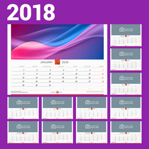 2018年的挂历模板。矢量插图。设置12月。文具设计