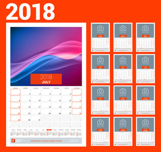 2018年的挂历模板。矢量插图。设置12月。文具设计