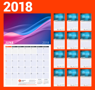 2018年的挂历模板。矢量插图。设置12月。文具设计