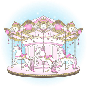 旋转木马 la 年代可爱的快活去轮马为孩子设计的粉彩色彩手绘矢量插图