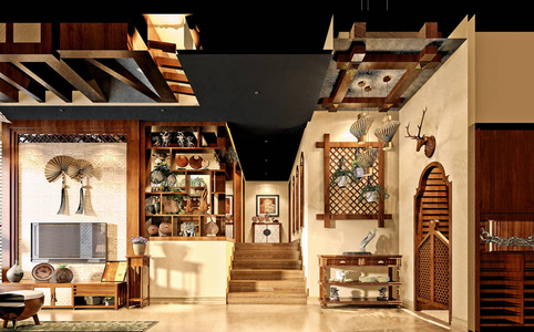现代客厅和餐厅的三维渲染