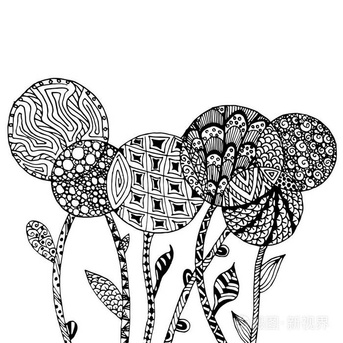 无缝背景手工绘制的zen缠结单色风格花卉股票矢量插图为网页打印 用于着色页面的抗应力页面插画 正版商用图片11j93t 摄图新视界