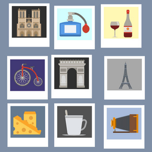 巴黎图标矢量著名旅游美食传统现代法国文化欧洲埃菲尔铁塔时尚设计建筑符号插图