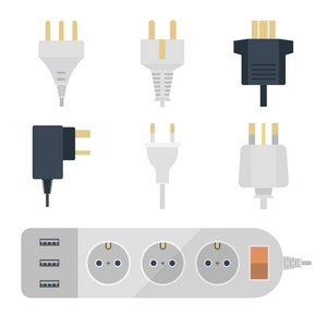 电插头栈出口插图能源插座插头插座欧洲和美国, 亚洲家电内饰图标。电线电缆插头连接电源插座插头双美国人