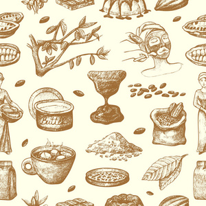 矢量可可产品手绘素描。涂鸦食品巧克力甜可可插图。复古风格植物天然豆类成分。有机可可无缝模式背景