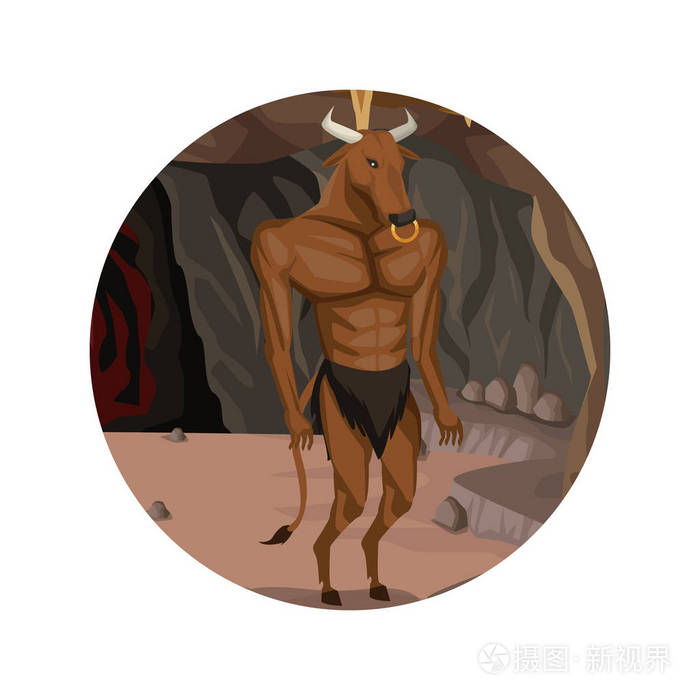 圆形框架与洞穴内部场景和牛头怪希腊神话生物