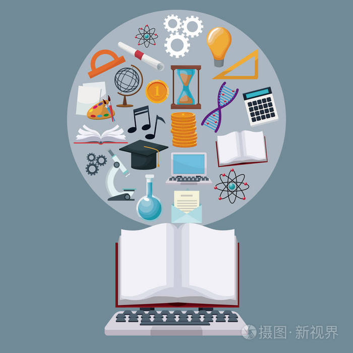 技术笔记本电脑和显示开放的书与圆形边框图标学术知识