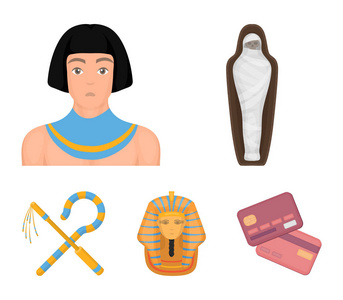 和连枷, 金色面具, 埃及人, 木乃伊在坟墓里。古埃及集合图标在卡通风格矢量符号股票插画网站